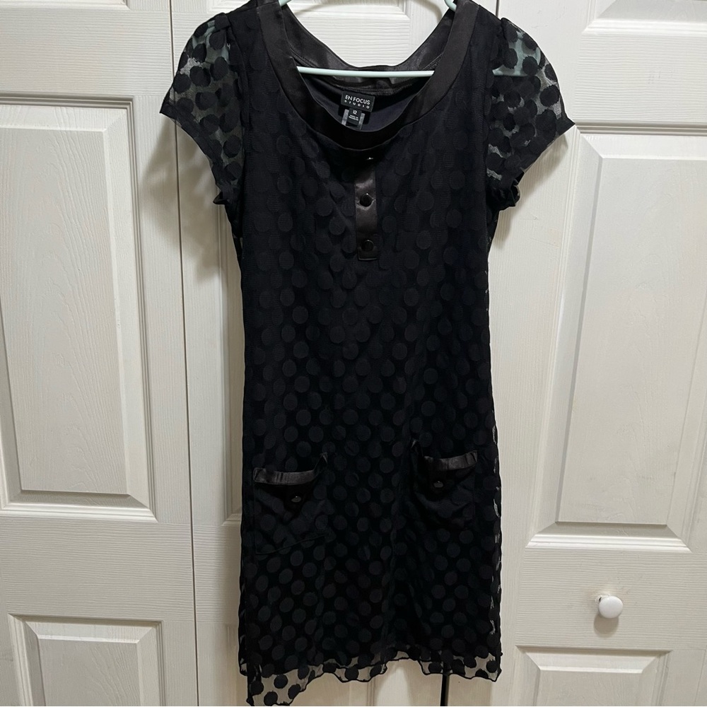 En Focus Studio Black Dress Mech Lace Polka Dot Sheer Lined Short Sleeve